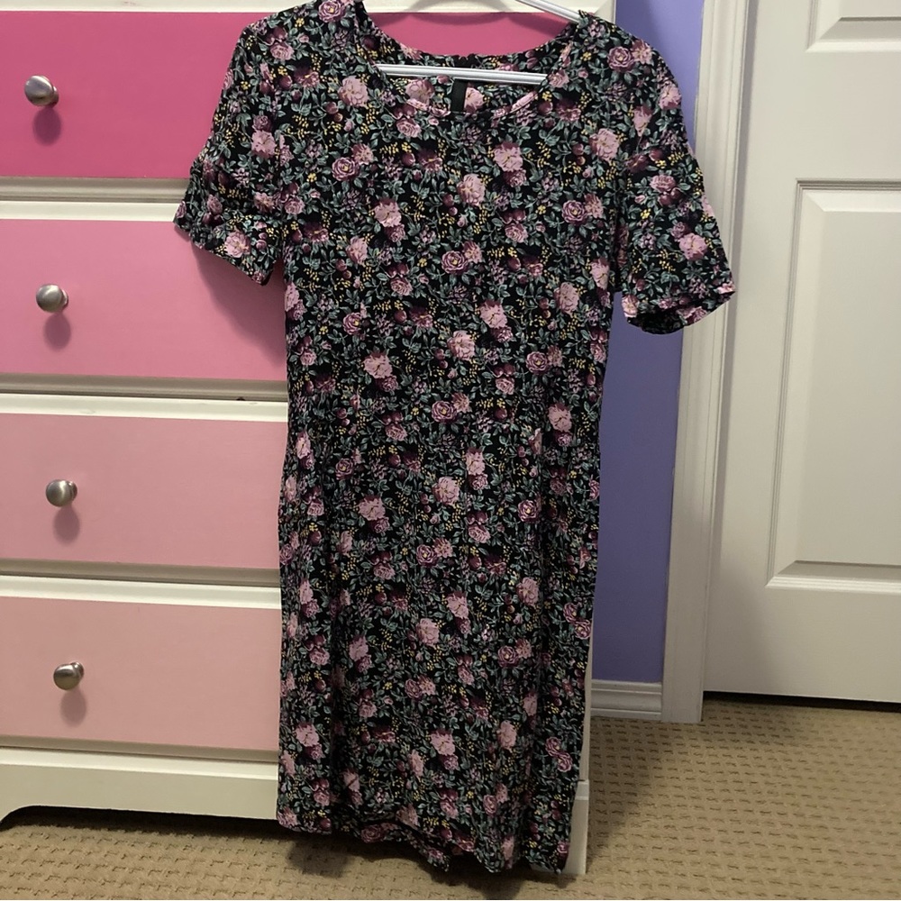 Vintage Black Mini Dress with Pink Floral Print
